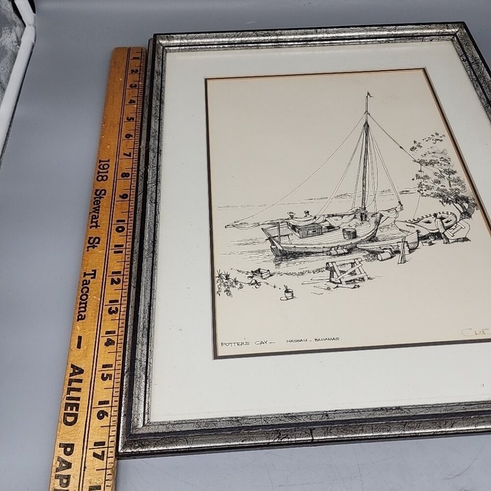 Framed Sketch Pencil Art Potters Cay Nassau Bahamas Signed Sailboat Wall Hanging - Picture 5 of 8